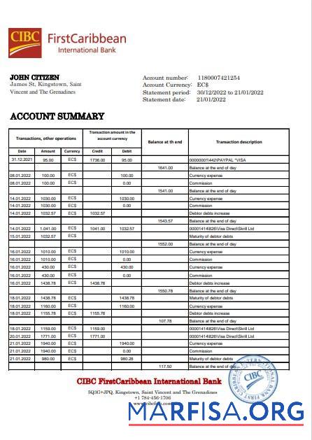 Printable Saint Vincent and The Grenadines First Caribbean International bank statement excel download for verification